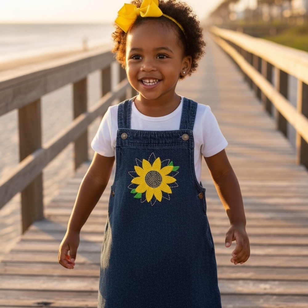 Cynthia Rowley Girls Blue Denim Jumper with Sunflower Embroidery Size 5